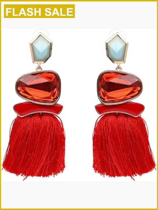 Jewelry - Long Tassel Drop Dangle Earrings Rhinestone Water Heart Leaf Shaped Boho